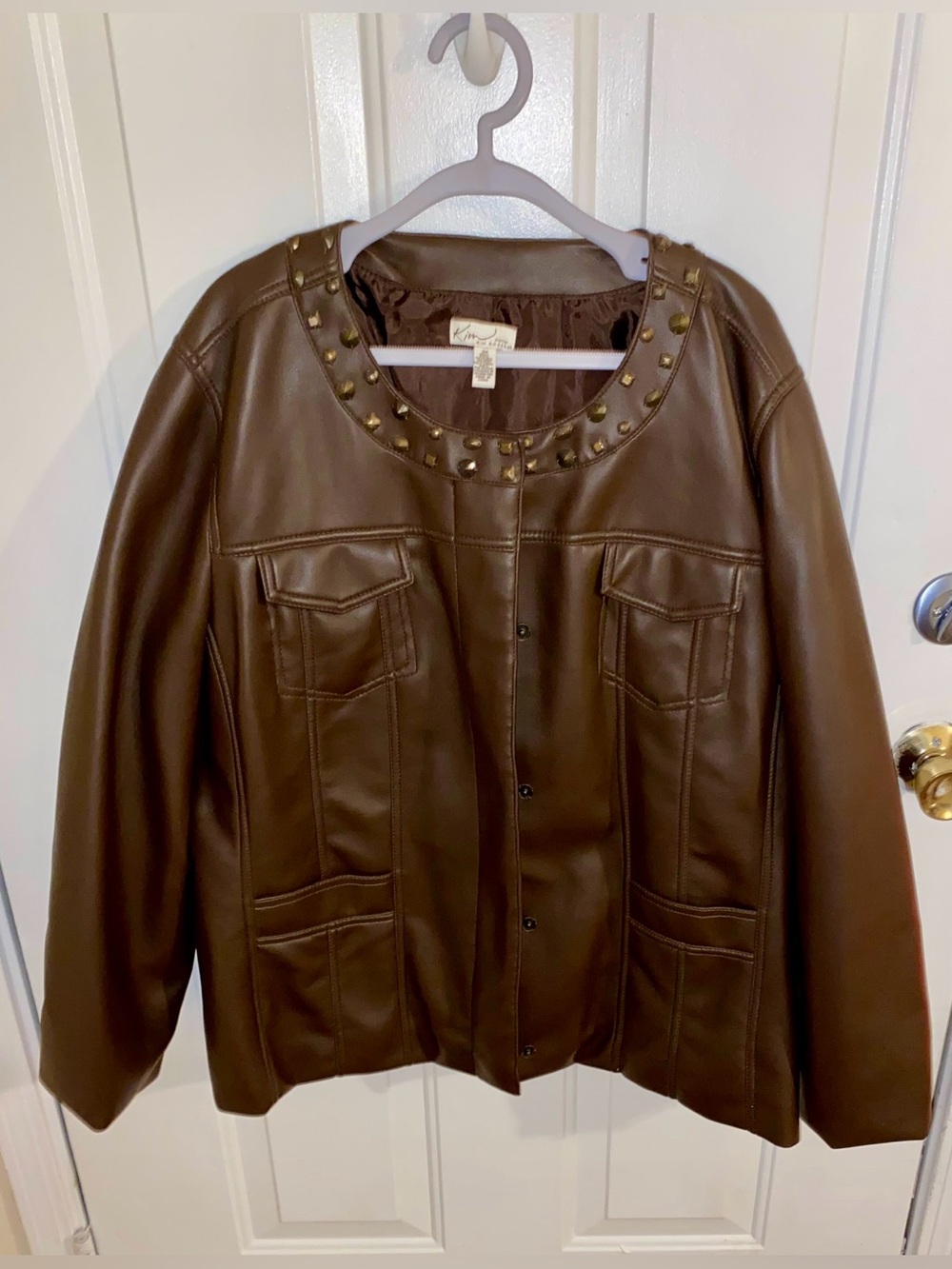 Kim Rogers Dark Brown Faux Leather Studded Neck Jacket